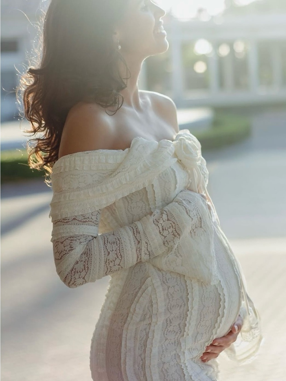 Off-Shoulder Ivory Lace Maxi/ Maternity Dress